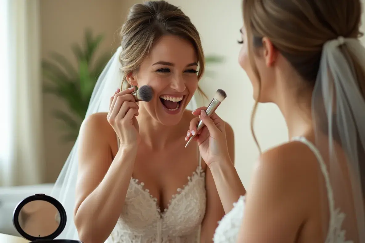 Eine Braut lacht nervös, während ihre Schwester ihr im hellen Zimmer das Make-up aufträgt.