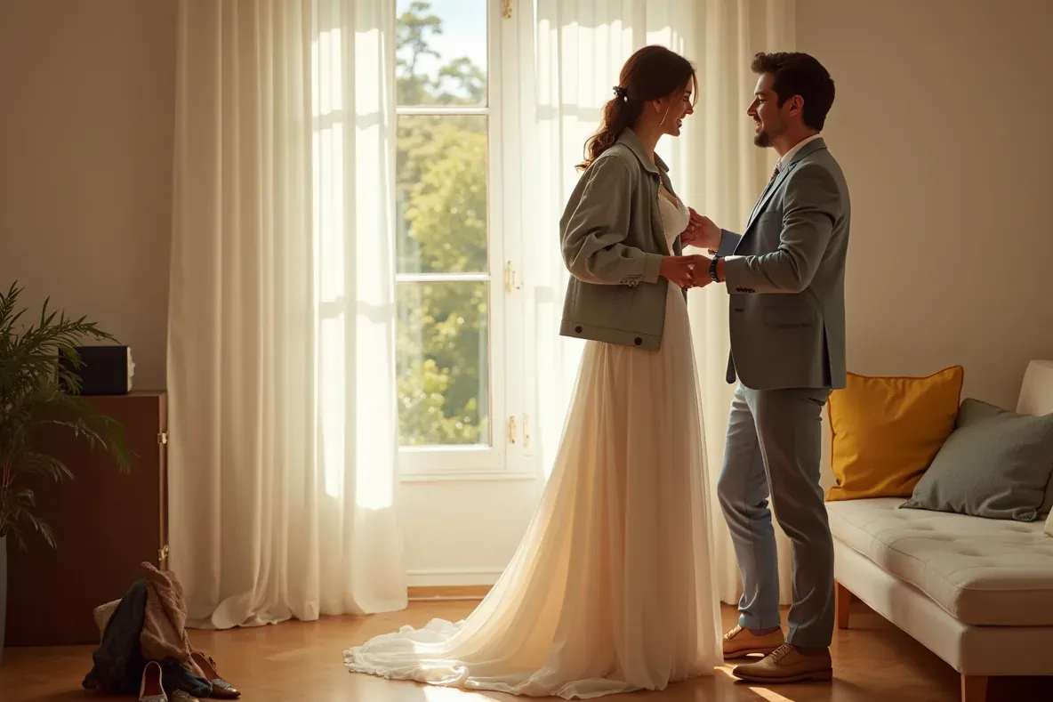 Ein Paar lacht beim gegenseitigen Anpassen von Hochzeitskleid und lockerem Anzug.