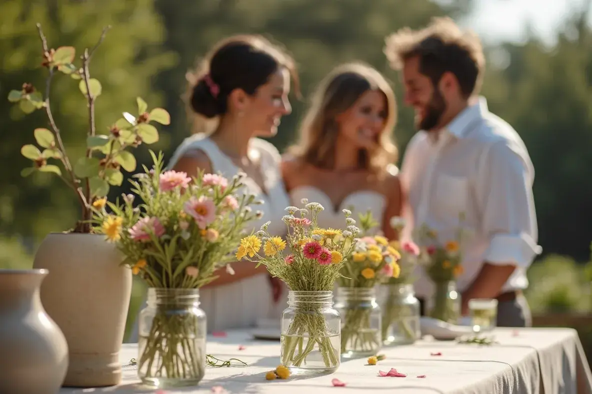 Ein Paar arrangiert mit einer Freundin Wildblumen auf einer schlicht gedeckten Gartentafel.