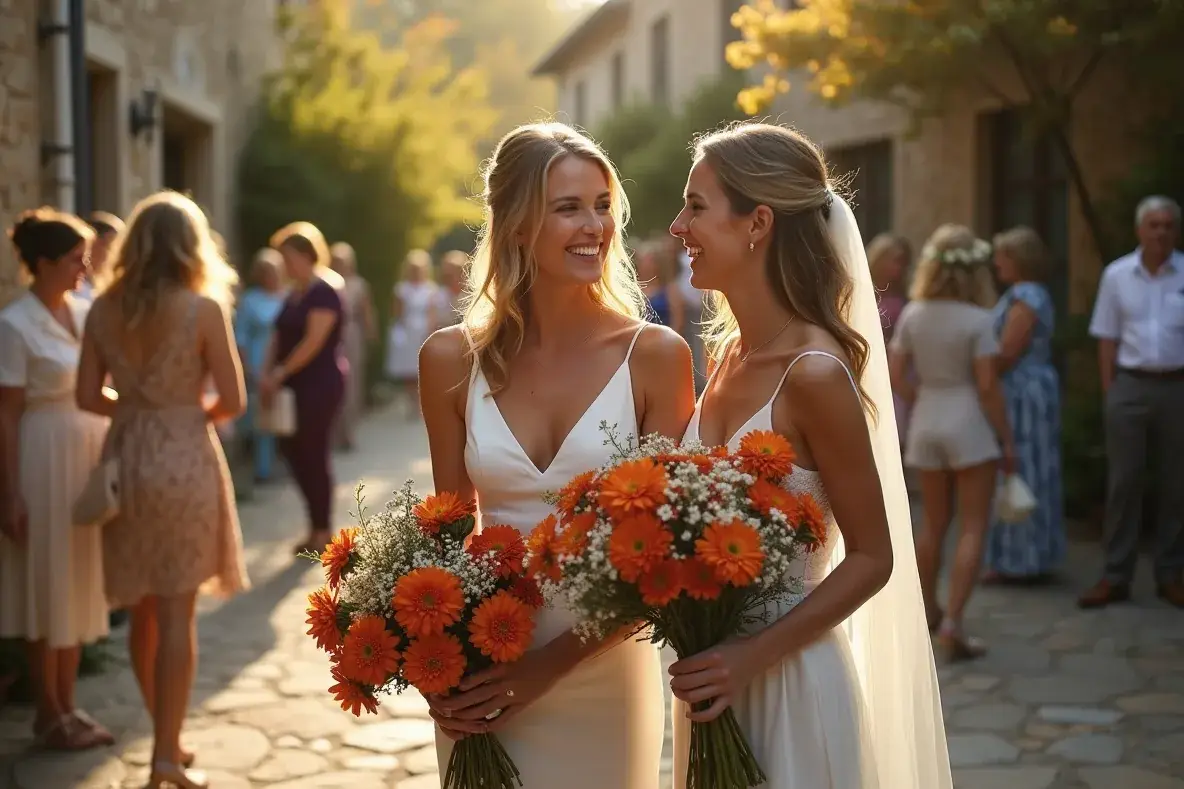 Eine Braut lacht mit ihrer Schwester zwischen Herbstblumen und goldenen Bäumen.