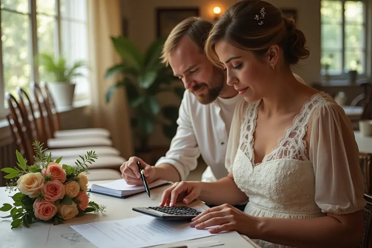 Ein Paar prüft am Hochzeitstisch Kosten, während Gäste und Stühle unscharf im Hintergrund erscheinen.