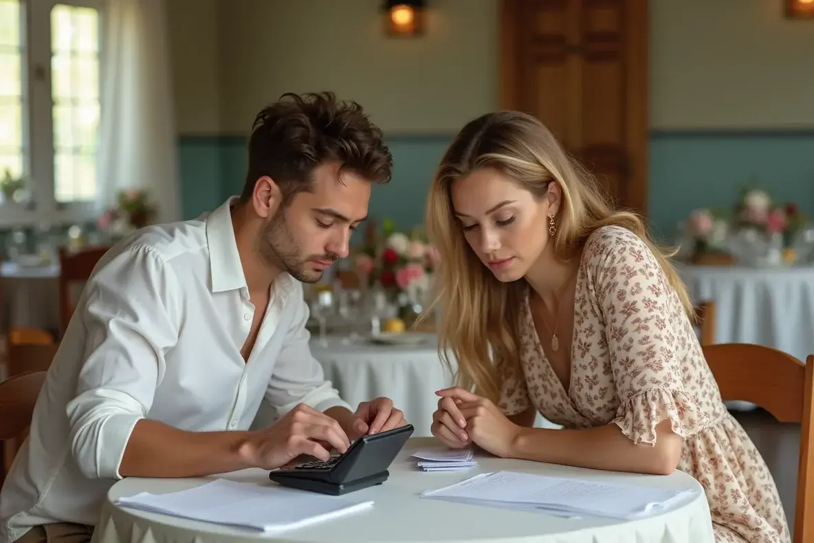 Ein Paar bespricht mit einer Planerin am gedeckten Tisch die Hochzeitskosten.