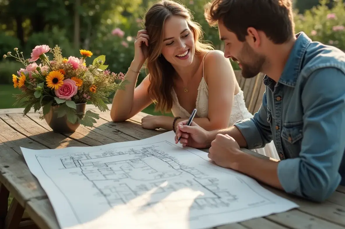 Ein Paar bespricht mit einer Gartenbesitzerin die Hochzeitsplanung an einem Terrassentisch.