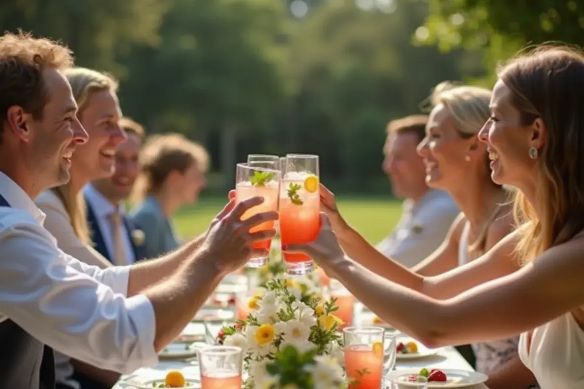 Gäste stoßen bei einer Gartenhochzeit lachend mit Beerenschorle an.