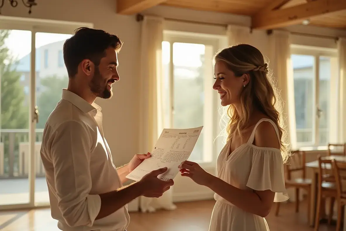 Ein Paar bespricht mit einer Koordinatorin Termine in einem leeren Hochzeitssaal.