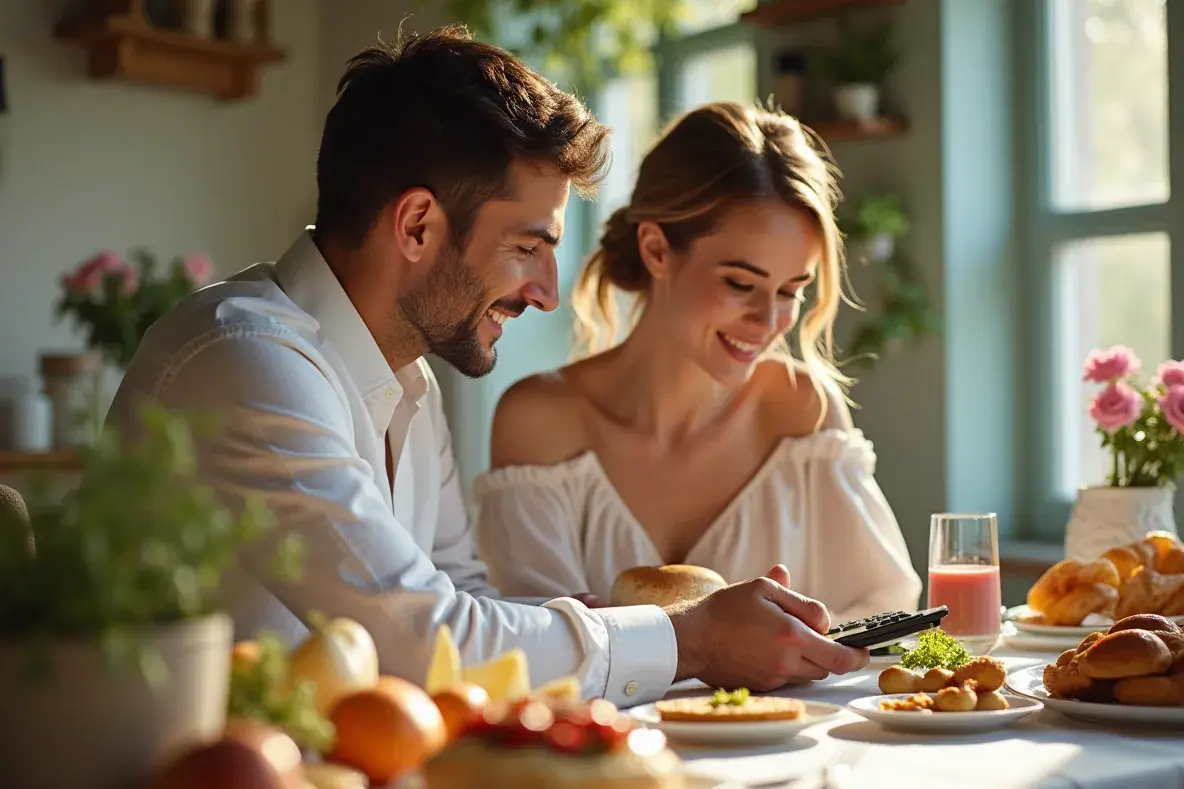 Ein Paar probiert Cateringgerichte und bespricht mit einer Köchin die Auswahl am Tisch.