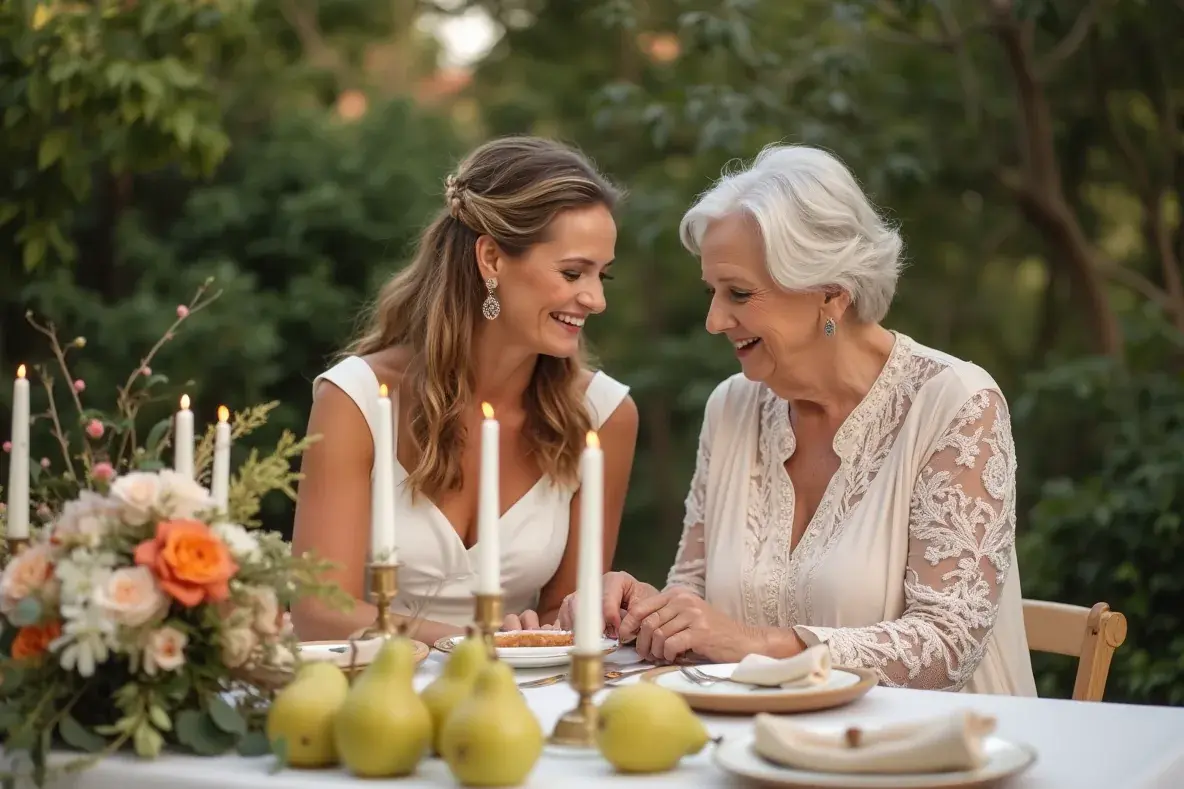 Braut und Tante arrangieren Kerzen, Birnen und Leinen auf einer festlich gedeckten Tafel.