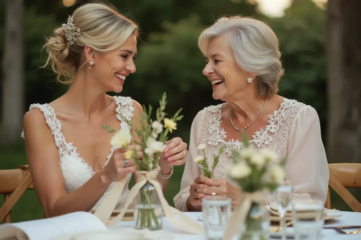 Braut und Tante binden gemeinsam Leinenbänder um kleine Vasen mit Wildblumen.