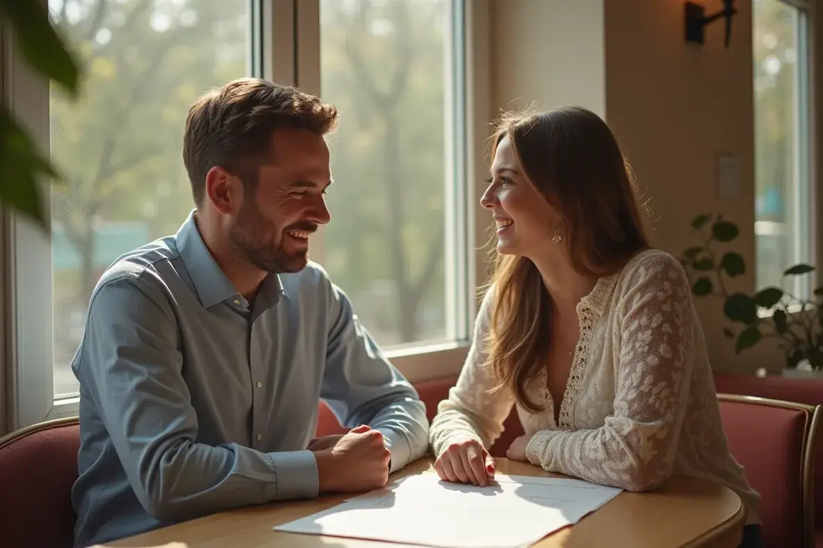 Ein Paar bespricht mit seiner Hochzeitsplanerin einen Vertrag am Café-Tisch.