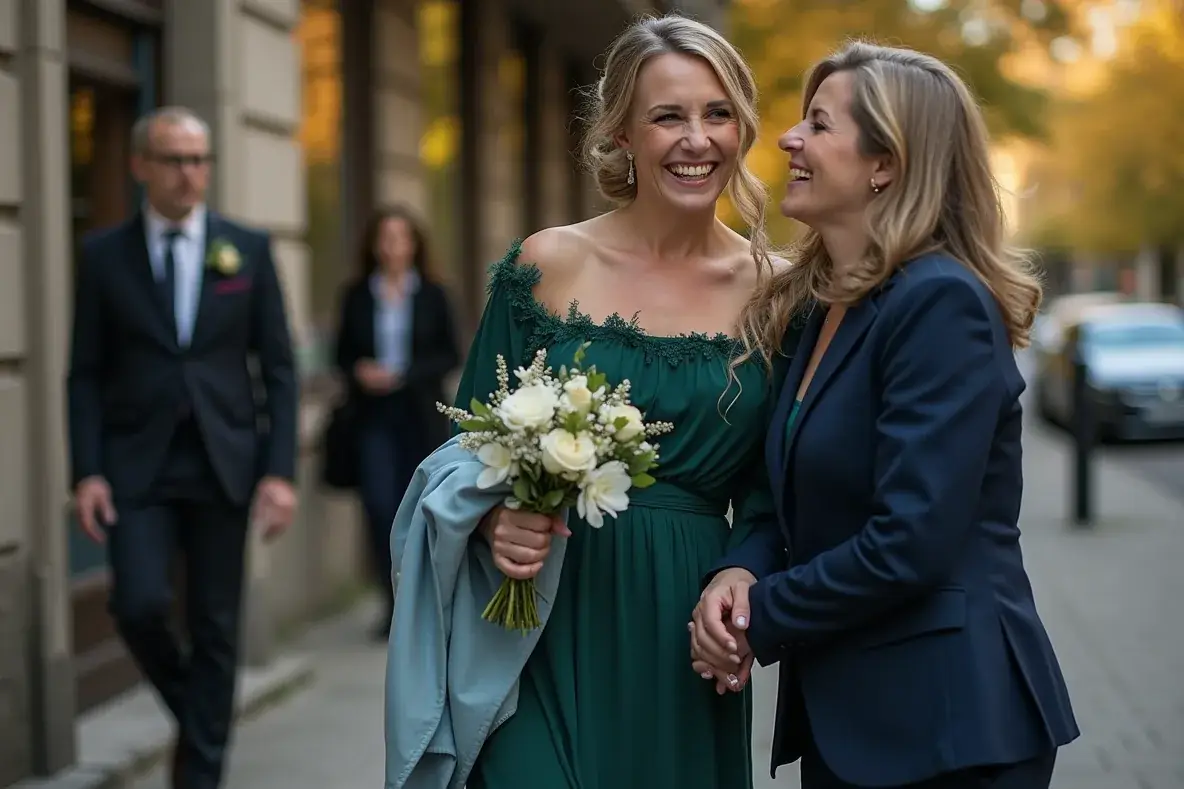 Eine Gästin im grünen Kleid lacht mit einem Freund vor dem Standesamt.