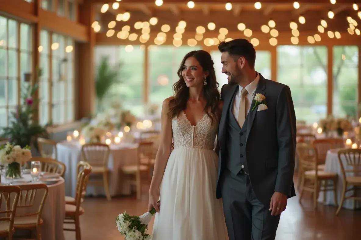 Ein Hochzeitsplaner bespricht mit einem lächelnden Paar die Gestaltung des Festsaals.