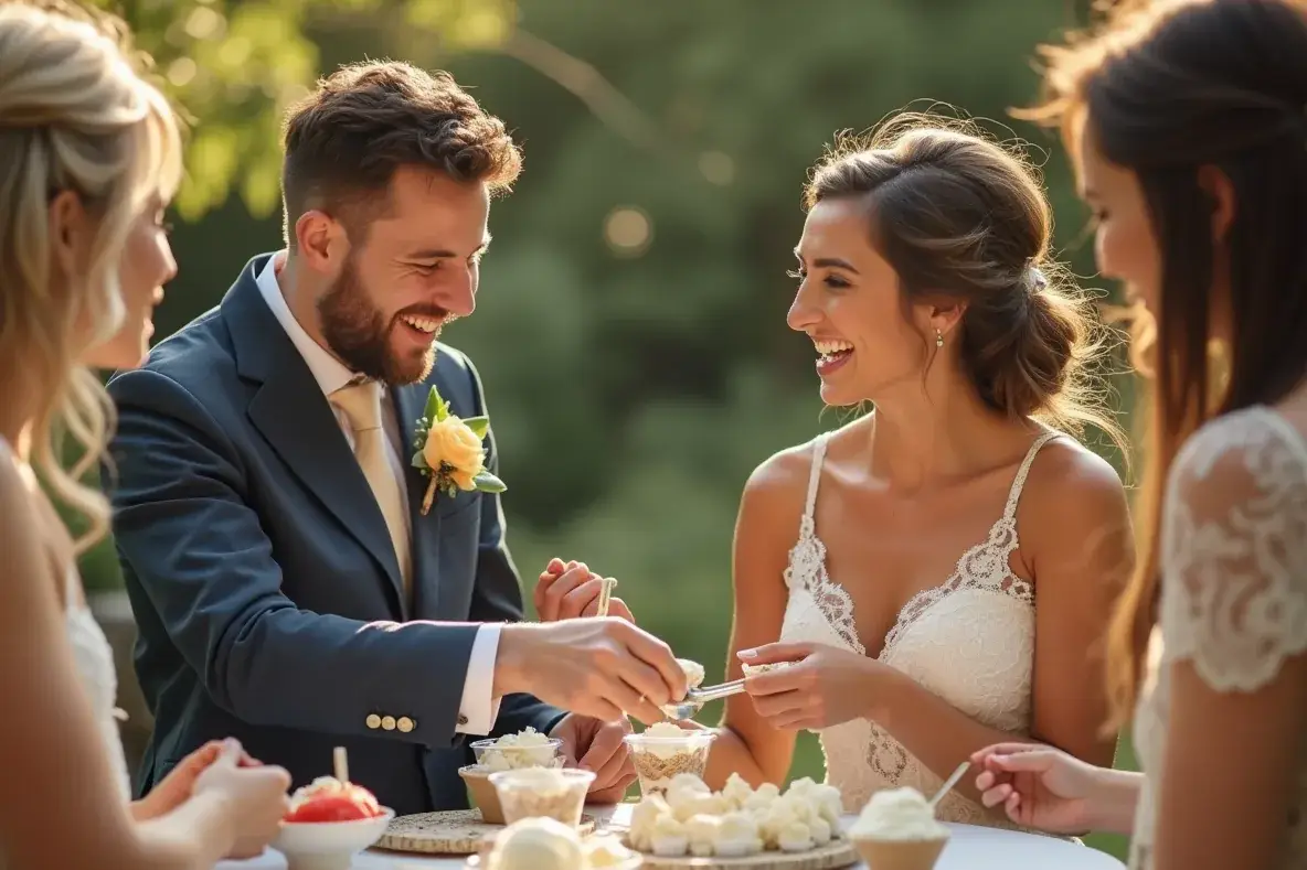 Das Brautpaar serviert lachend Eis an einer kleinen Desserttafel im Garten.