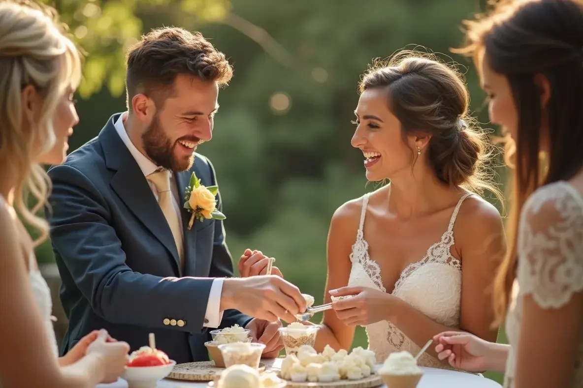 Das Brautpaar serviert lachend Eis an einer kleinen Desserttafel im Garten.