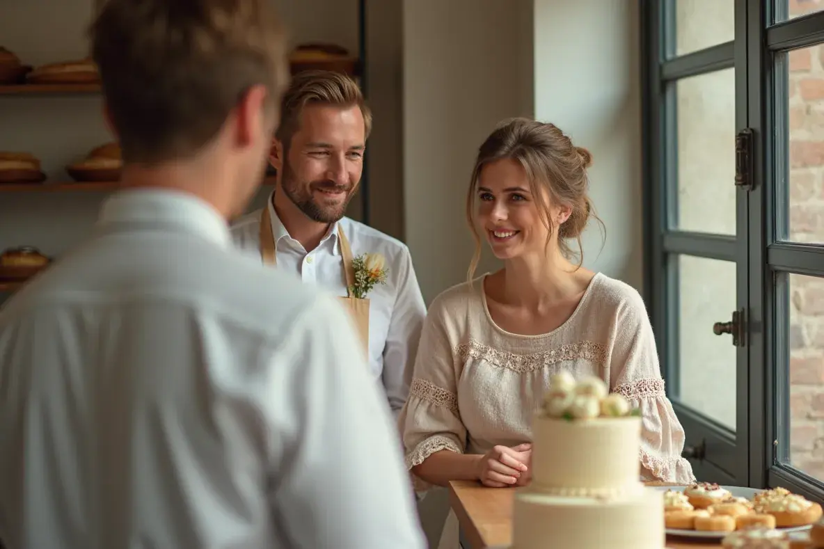 Ein Paar bespricht mit einer Bäckerin eine Hochzeitstorte und kleine Gebäckalternativen.