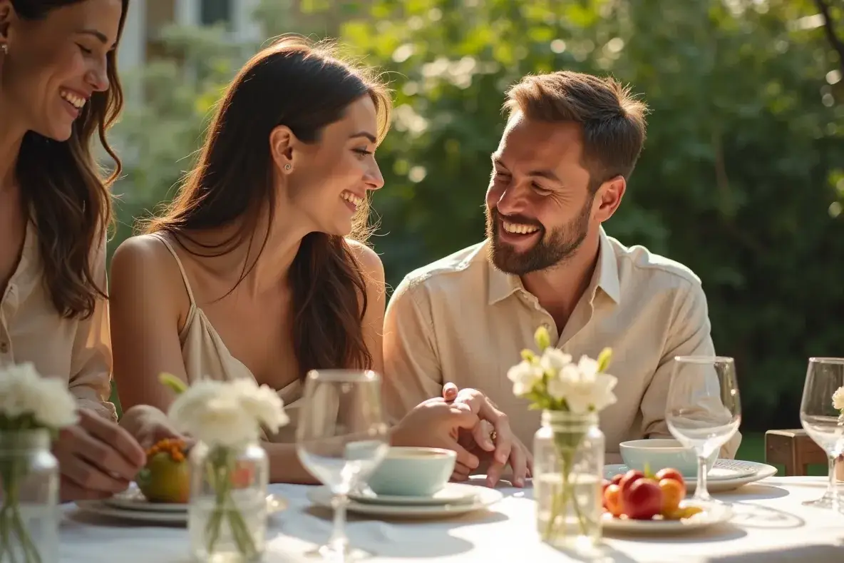 Ein Paar und Freunde lachen gemeinsam beim Eindecken eines Gartentisches für eine kleine Feier.