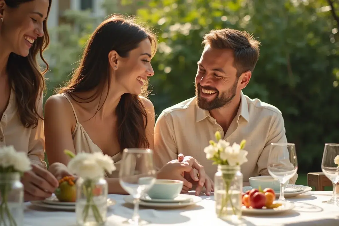 Ein Paar und Freunde lachen gemeinsam beim Eindecken eines Gartentisches für eine kleine Feier.