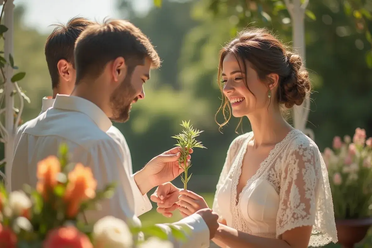 Eine Floristin arrangiert Blumen, während das Brautpaar die fertige Dekoration betrachtet.