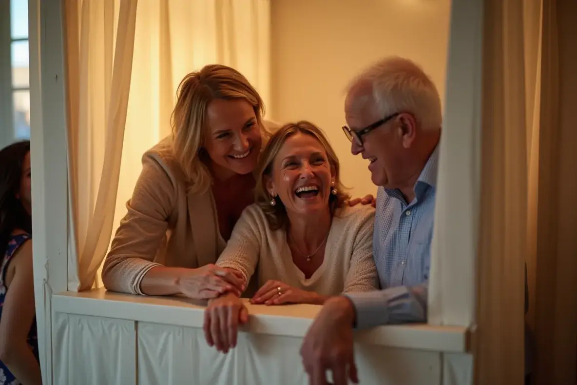 Eine ältere Gästin und zwei Freunde lachen gemeinsam in einer Hochzeitsfotobox.