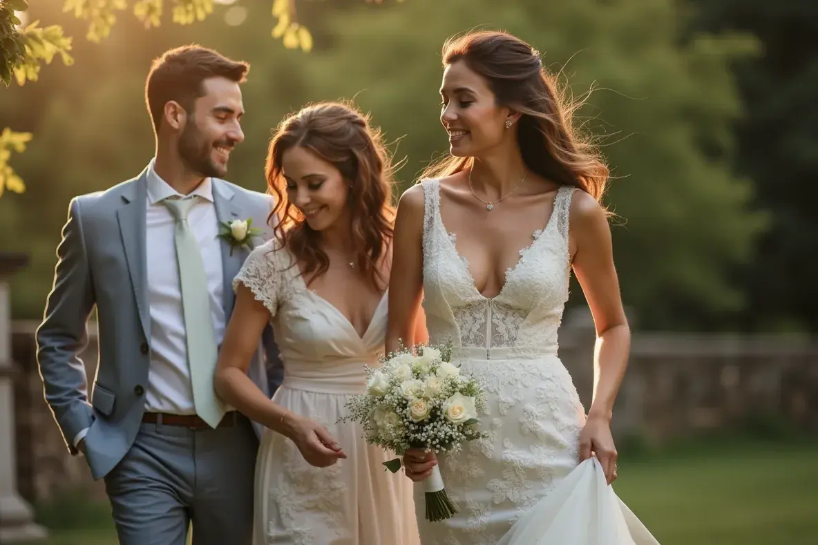 Ein Paar lacht mit seiner Hochzeitsplanerin zwischen Gästen in einem kleinen Garten.