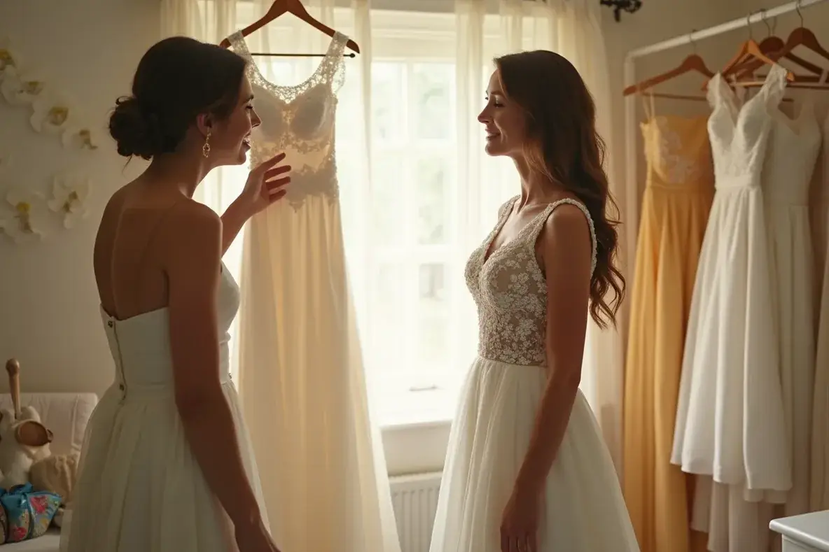 Eine Braut probiert ein schlichtes zweites Kleid, während ihre Schwester das erste hält.