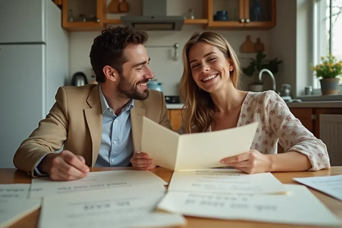 Ein frisch verheiratetes Paar sortiert Unterlagen am Küchentisch und lächelt sich an.