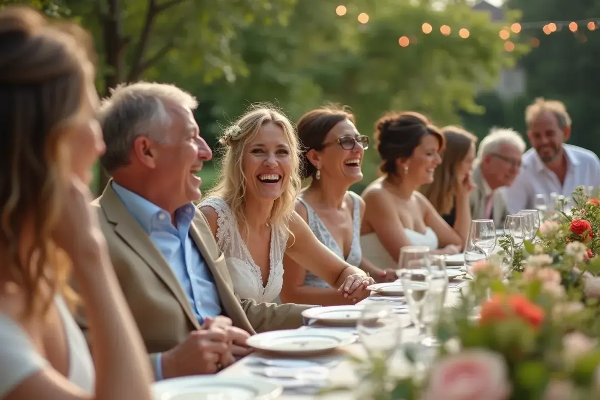 Braut und Bräutigam lachen mit Freunden an einer festlich gedeckten Gartentafel.