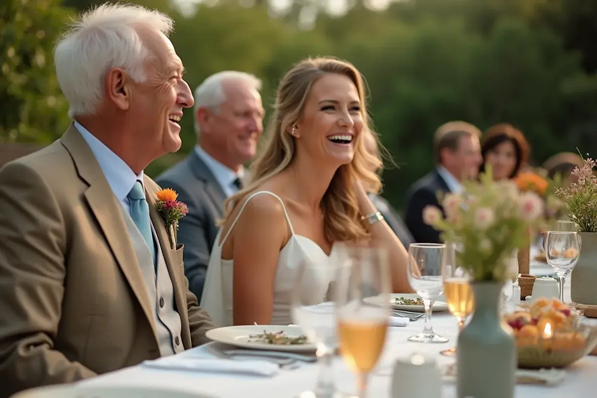 Braut und Großvater lachen neben einer festlich gedeckten Tafel im Garten.