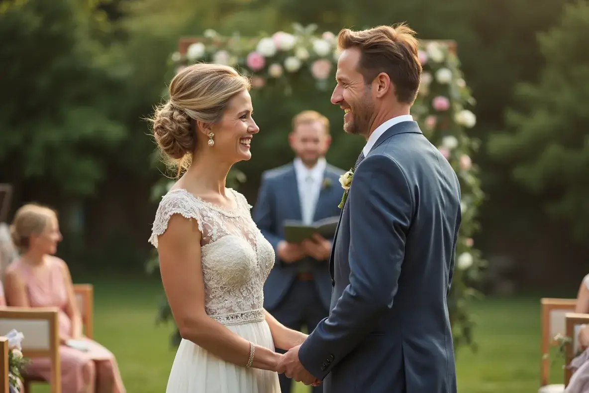 Ein Paar tauscht bei einer kleinen Gartenhochzeit lächelnde Blicke, während Angehörige zusehen.