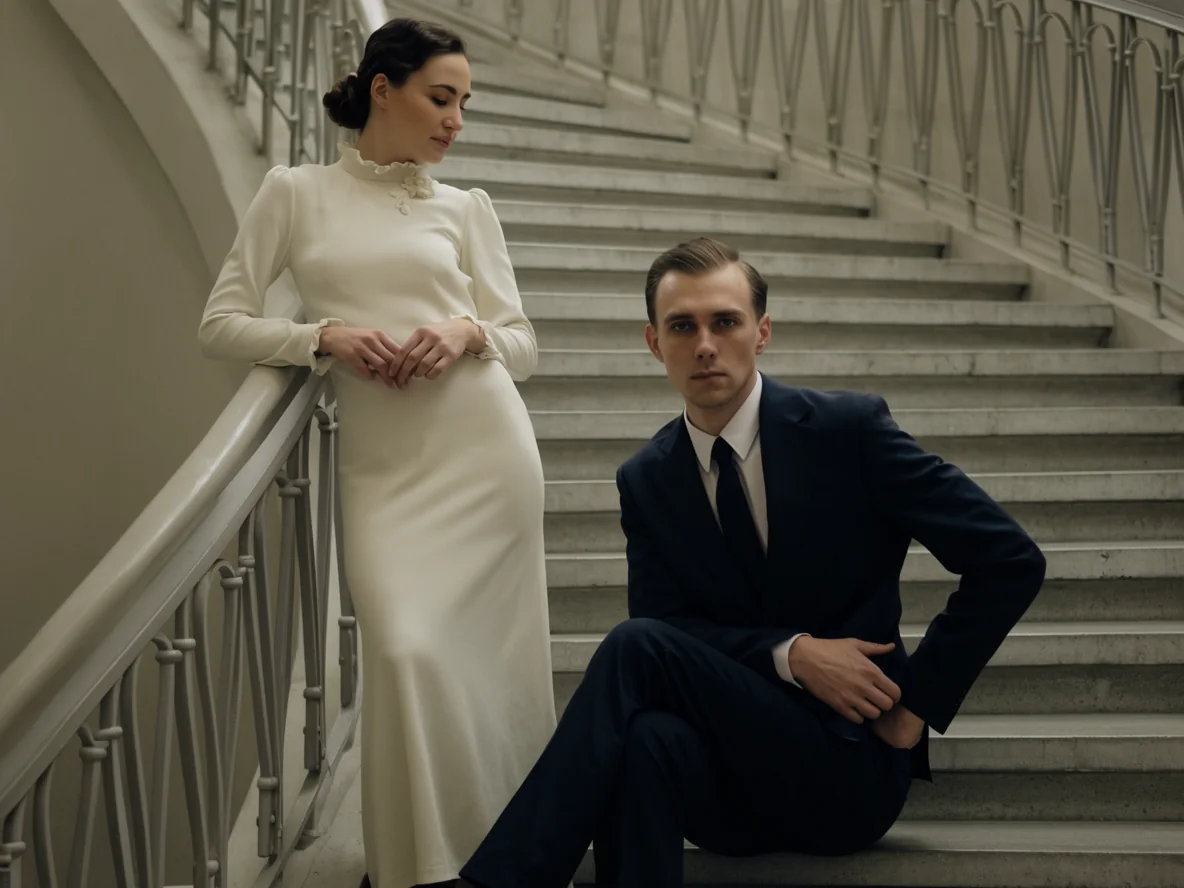 Elegant gekleidetes Hochzeitspaar auf einer historischen Treppe