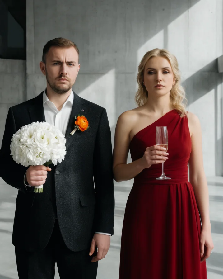 Hochzeitspaar in festlicher Kleidung vor moderner Betonarchitektur