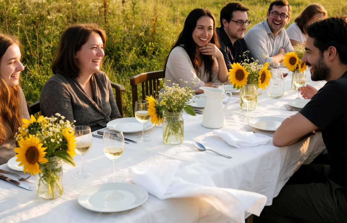 Hochzeitsgäste lachen an einer langen Tafel auf einer Sommerwiese